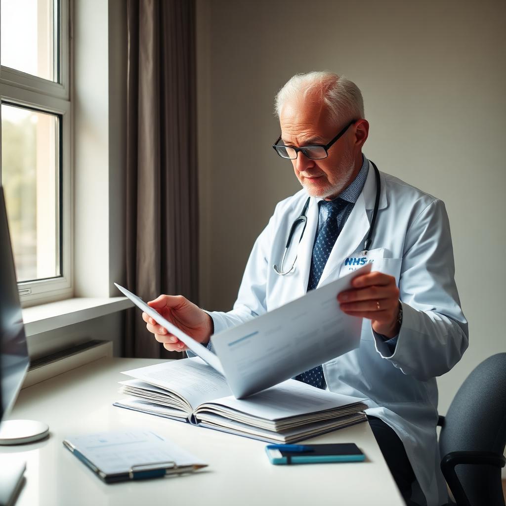 Consultant reviewing a portfolio at a bright desk